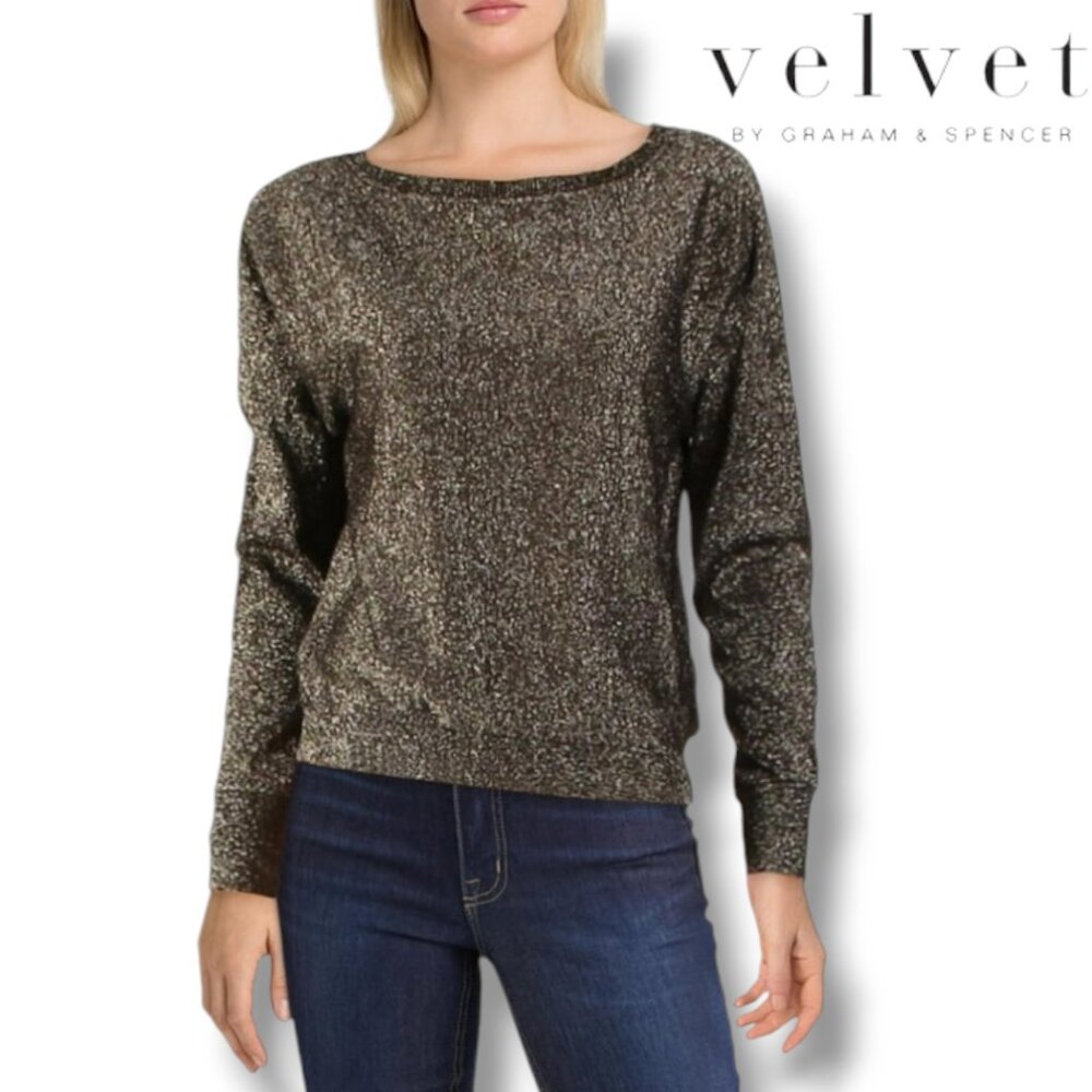 ✨Velvet by Graham & Spencer Abril Lurex Black Gold Metallic Shine Sweater | Sz S